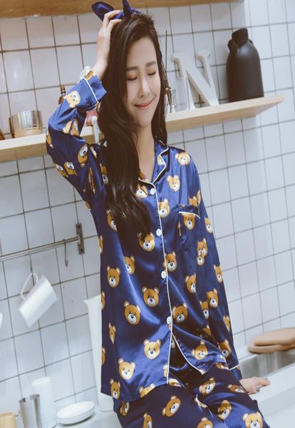 

arrival pyjamas silk satin pajama sets cartoon kawaii cute cartoon bear pajamas for women sleepwear sets pijama mujer y2004253049332, Black;red