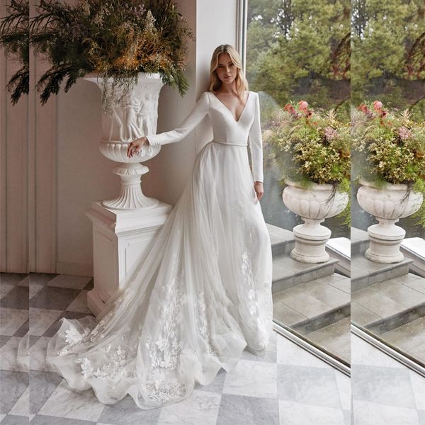 

appliques open back pearls wedding dress v neckline satin wedding bridal gown long sleeve dress for bride, White