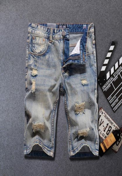 

summer fashion men039s jeans shorts retro vintage designer destroyed short ripped jeans homme hip hop cotton denim shorts men8051684, Blue