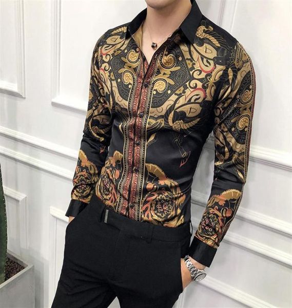 

fashionable long sleeve shirt male korean version slim personality flower shirt court retro gorgeous high definition printing brea4494947, White;black