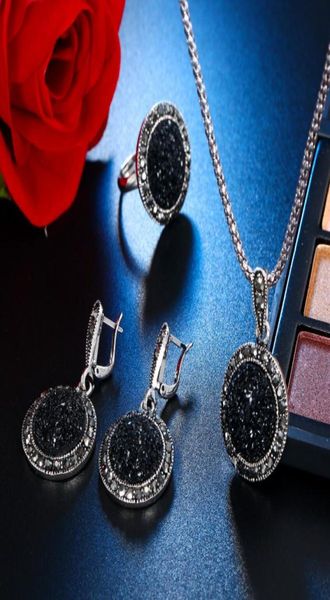 

charm crystal jewelry set geometric round black necklace drop earrings ring fashion jewellery sets for women party bijoux femme3723887, Silver