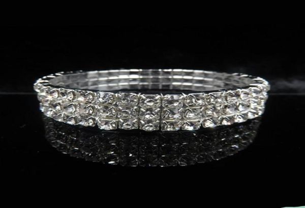 

wedding evening party sillver bracelet bling bling 3 row rhinestone crystal stretch bracelets bangle prom bridal jewelry wedding a5819260, White