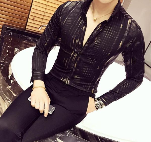 

luxury gold shirt men 2017 new long sleeve black white navy party club night bar stage clothing male shirt chemise homme y2004237566, White;black