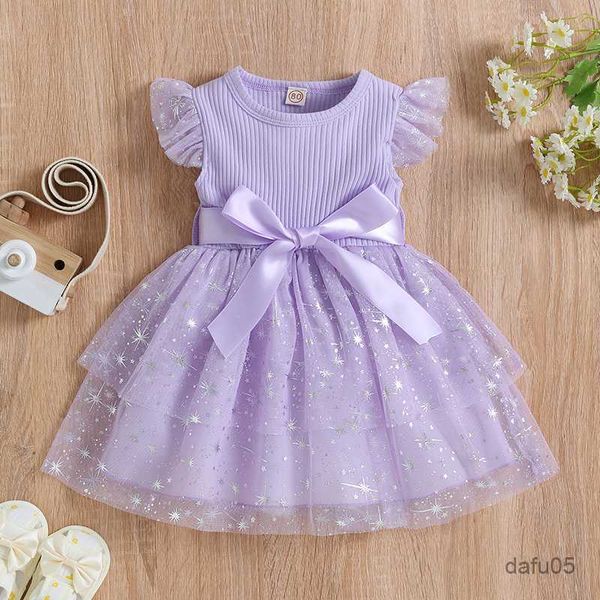 

girl's dresses toddler kids girls dresses sequins stars crew neck fly sleeve rib knit princess dress summer casual dress with bow belt, Red;yellow
