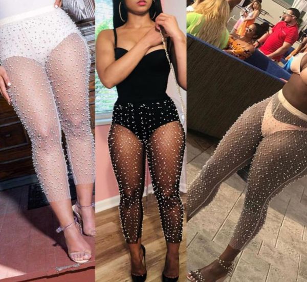 

women mesh beaded pearl sheer transparent leggings see through skinny pencil pants club wear capris trouser pantalon1424415, Black;white