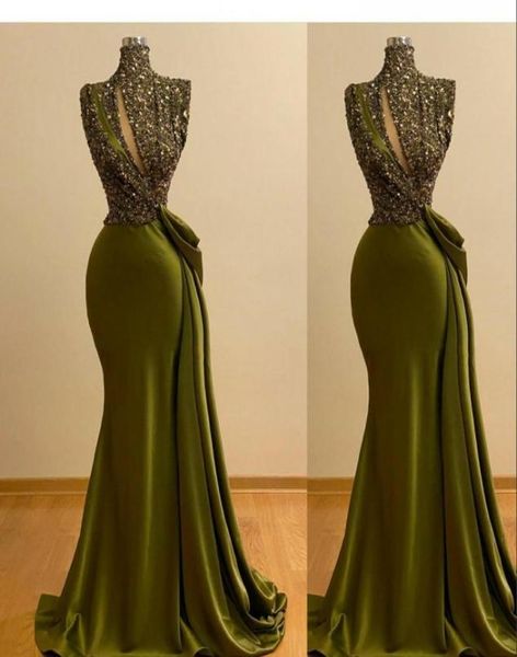 

2021 hunter green evening dresses high neck keyhole sequined lace sleeveless mermaid sequins sweep train plus size long party8847826, Black;red