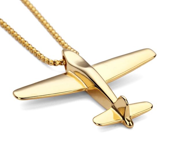 

necklaces pendants stainless steel plane aircraft pendant hip hop fashion airplane jewelry gold silver color 60cm chains6847748