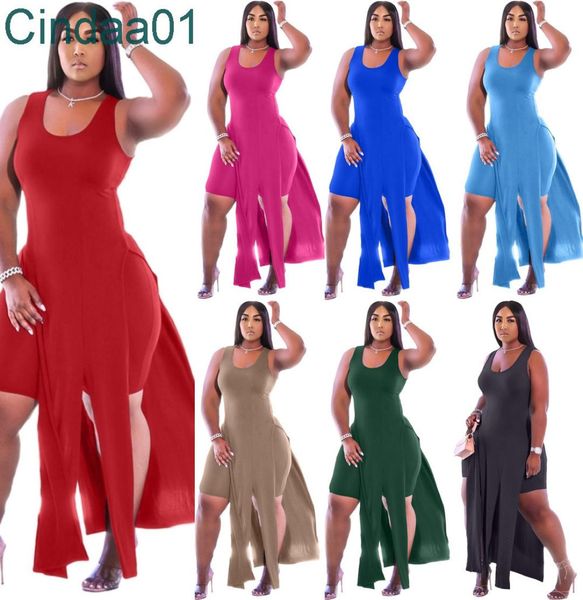 

sleeveless plus size women long maxi dresses fashion summer solid color vest split shorts casual two piece set outfits clubwe8412337, Black;gray