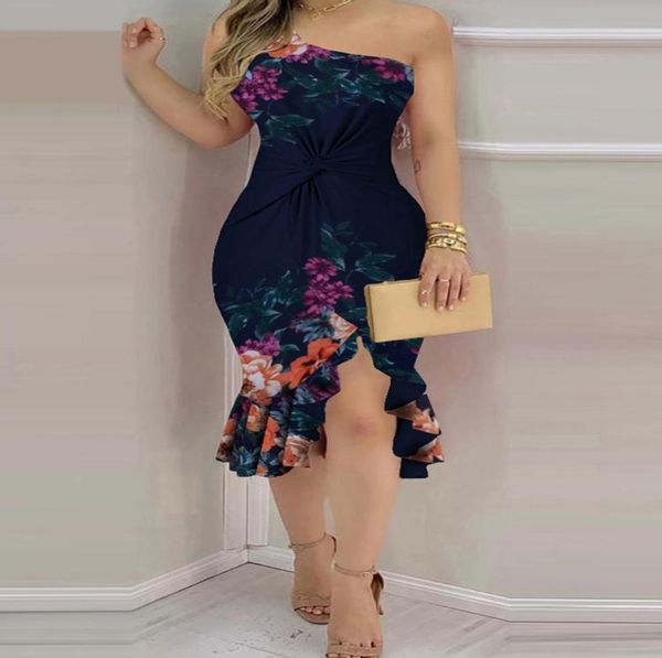 

casual dresses women floral print slit ruffles bandeau bodycon dress 2022 femme elegant one shoulder midi robe lady evening 6329485, Black;gray