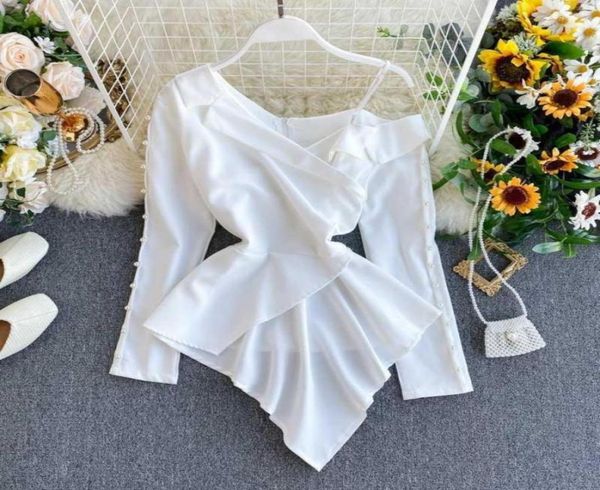 

women039s temperament beaded full shirt female design offshoulder irregular notched office lady solid and blouses ml654223931781, White