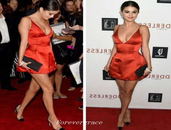 

selena gomez red deep v neck evening dress short formal celebrity special occasion dress party gown custom made plus size7335486, Black;red