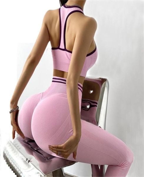 

ombre seamless 2 piece set women suit gym workout clothes sport bra fitness crop and scrunch butt leggings yoga 2109096589502, Gray