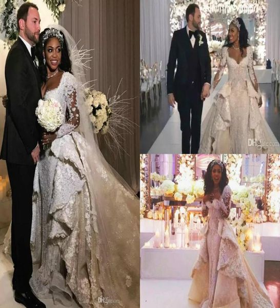 

luxury dubai mermaid wedding dress with detachable overskirt pearls beads lace applique long sleeves wedding gowns africa bridal d6513122, White