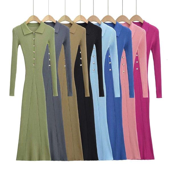 

babe polo collar single breasted slim fishtail dress long womens autumn sleeved knitted, Black;gray