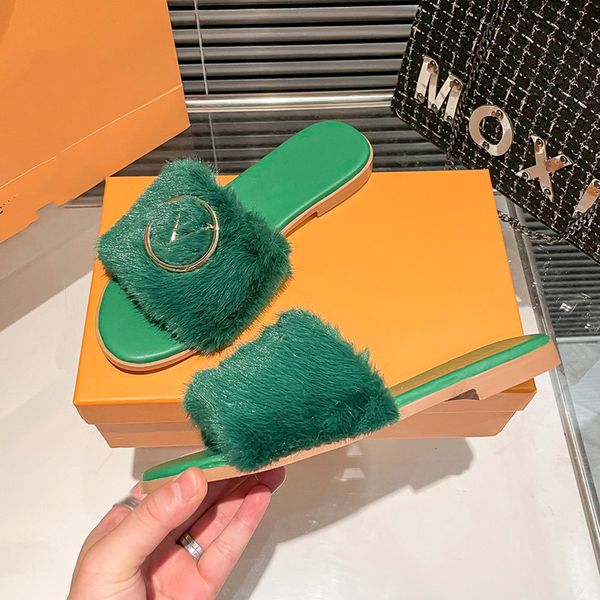 

designer womens slippers flat furry shoes soft and comfortable home casual shoes hardware metal buckle outdoor beach shoes sandals street wa, Black