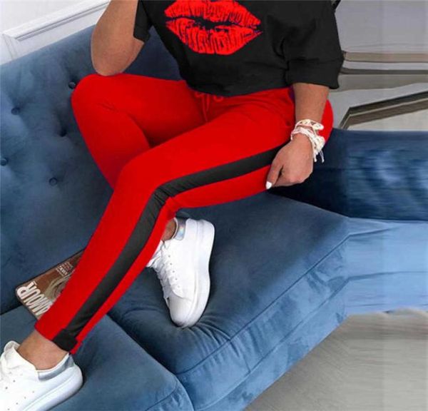 

lip print tracksuit sets lady 2021 summer off shoulder tee pencil jogger sweatpants suit elastic waist tracksuit overalls y084487516, Black