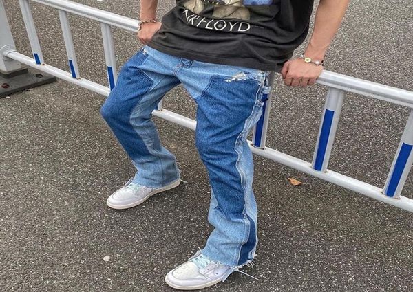 

high street color spliced washed jeans mens oversize wide leg straight denim flare pants retro loose casual trousers1584218, Blue
