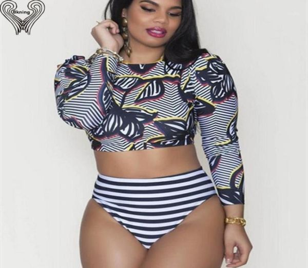 

bkning plus size swimsuit women long sleeve bikini set high waisted swimwear padded bathing suits 2020 new striped monokini18974970, White;black
