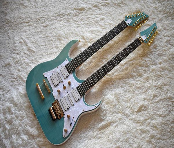 

factory double neck green electric guitar with 612 stringsthe tree of life fret inlaywhite pearl pickguardcan be customized3822352