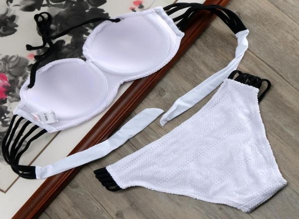 

2019 lace push up swimsuit solid bikini set cut out swimwear bandeau bikinis women swimming wired bra bathing suit e610 mx20069668897, White;black