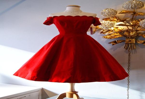 

retro 1950039s style prom dresses vintage 50039s red satin offtheshoulder party dress short sleeves tea length homecomin5649107, Black