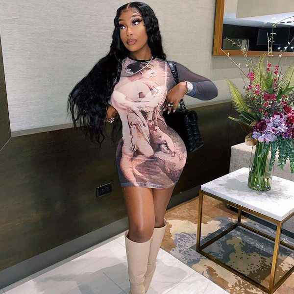 

item title womens tight fitting mesh print see through long sleeved dress for women, Black;gray