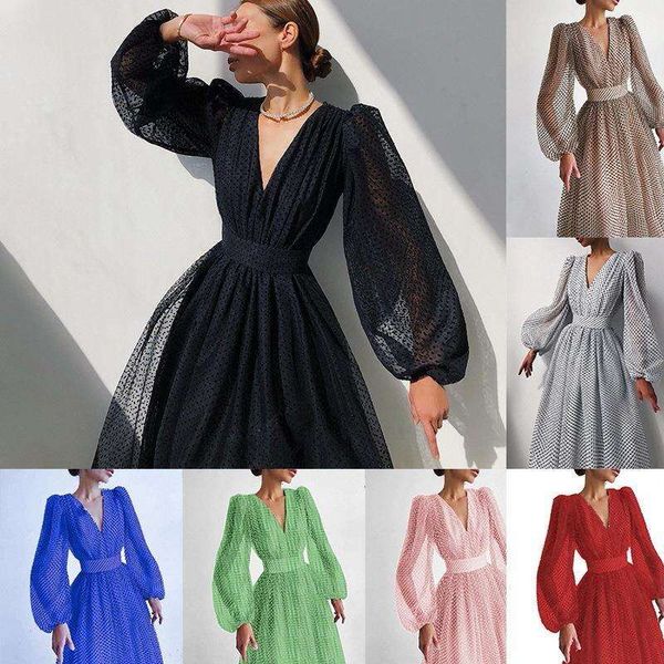 

spring and summer elegant lady bubble sleeves polka dresses, Black;gray
