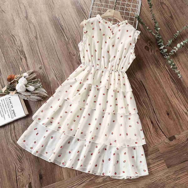 

girl's dresses baby kids dresses for girls clothes teenagers summer chiffon sleeveless strawberry print princess party outfits children, Red;yellow