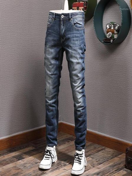 

men039s jeans italian style fashion men distressed plain elastic slim fit ripped retro dark blue vintage designer casual pants6986372