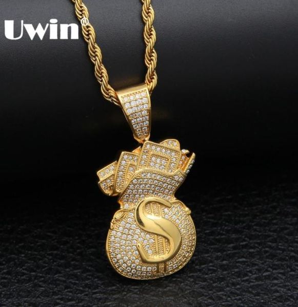 

uwin us money bag necklace pendant full bling cubic zirconia iced out gold chains silver gold color hiphop jewelry for men3190597