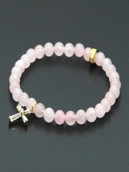 

easter wholesale 10pcs/lot 6mm natural pink quatz crystal stone beads with micro paved clear zircons spacer cz beads bracelets6516818, Golden;silver