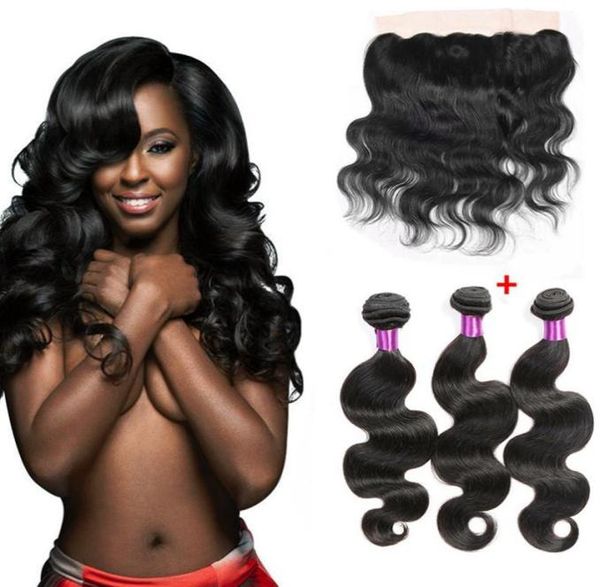 

peruvian body wave virgin hair with pre plucked lace frontal closure 13x4 lace frontal with 300g body wave human hair weaves9522083, Black;brown