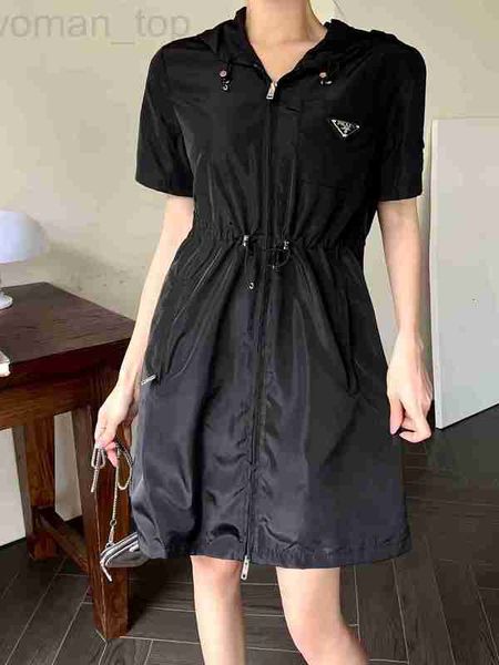 

basic & casual dresses designer p family 23 spring/summer new nylon hooded and drawstring dress fashionable double head zipper design versat, Black;gray