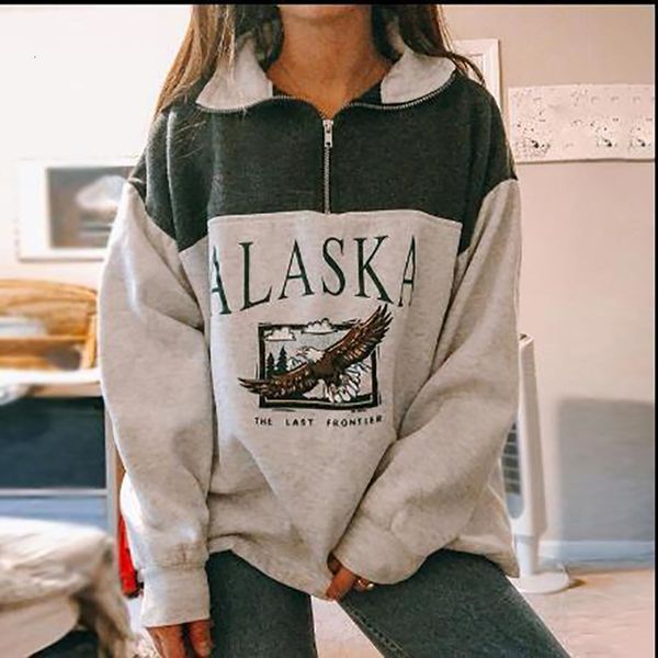 

women's hoodies sweatshirt oversized letter alaska fashion vintage polo collar casual pullovers long sleeves winter warm fleece cotton, Black