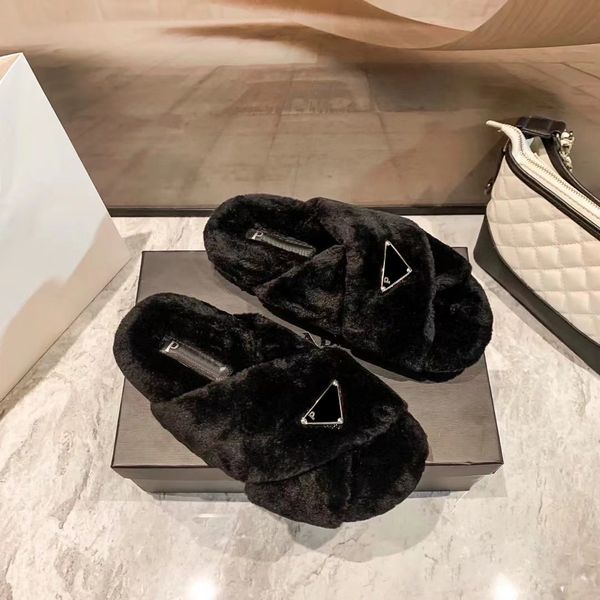 

new womans fur slippers fuzzy sandales triangle mens indoor slides luxury designer slipper fluffy winter taz casual sandal teddy bear flat o, Black