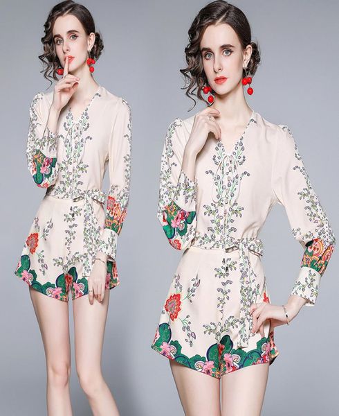 

drop whole new arrival spring summer fall 2pcs womens ladies casual set vintage print v neck long sleeve shirt blo7698288, White