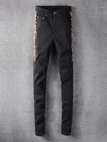 

hip hop jean men leopard print patch black stretch denim patchwork slim skinny pants bootcut jeans for men039s6235247, Blue