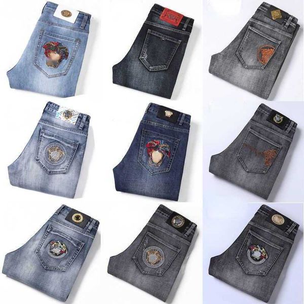 

23 summer thin jeans fashion medusa embroidery denim trousers designer pants mens slim fit stretch slacks zipper access denim pants, Blue