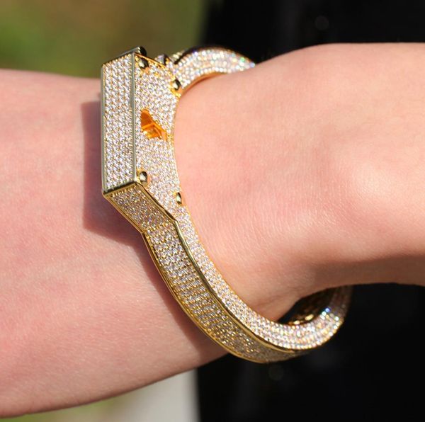 

new guys real gold plated lovers iced out cubic zirconia handcuff bangle bracelet punk rock bling cz bangles jewelry gifts for men2790202, Black