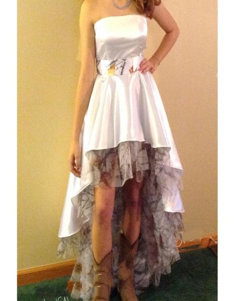 

high low prom dress strapless camo dress tulle satin formal gown in stock3316392, Red