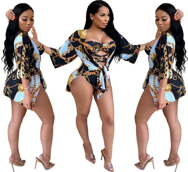 

women two piece set bathing suit print swimwear lace up one piece swimsuit long sleeve cardigan cover up outfits blue1753331, White;black