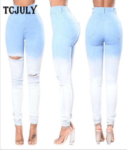 

tcjuly new blue white gradient casual jeans for women hole ripped skinny push up pencil pants high waist stretch slim jeans4688049