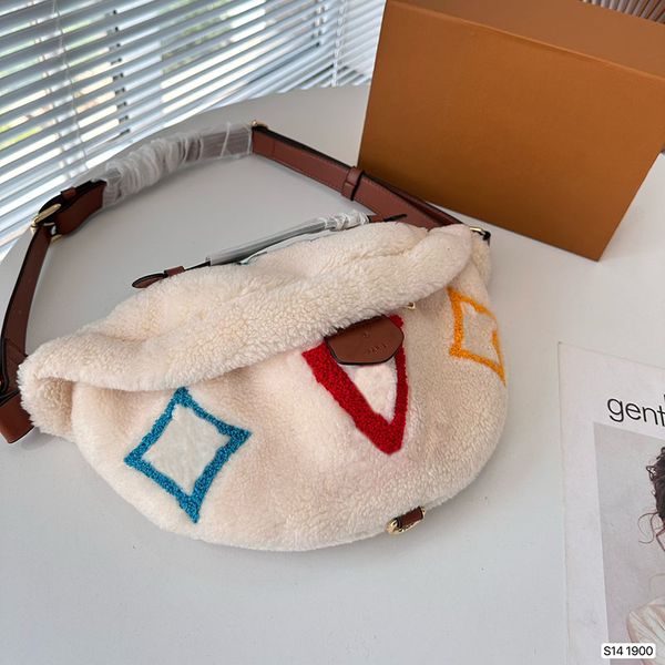 

women designer two-tone lamb wool bag chest purse satchels colorful pattern zipper adjustable leather strap lovely outdoor waist pack cross