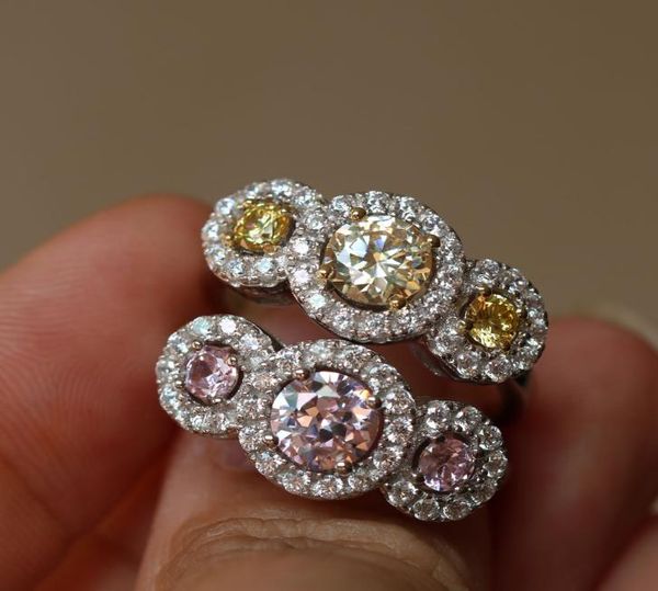 

925 sterling silver lady039s 18k white gold plated three stones 5a zircon color gem diamonique women wedding ring for love gift2116120, Golden;silver