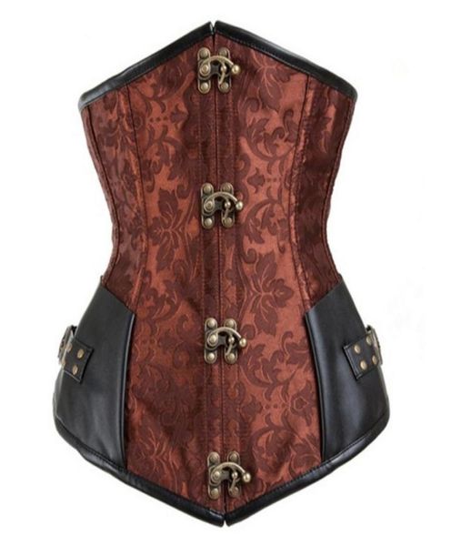 

women gothic steampunk brown black 12pcs steel boned brocade jacquard underbust corsets with pu leather patchwork waist cinch9534926, Black;white