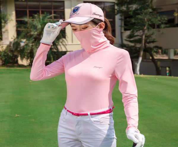 

women long sleeve upgrade golf t shirt sun uv protection bottom ladies breathable silk soft tee with sunsn mask d06794732764, Black;blue