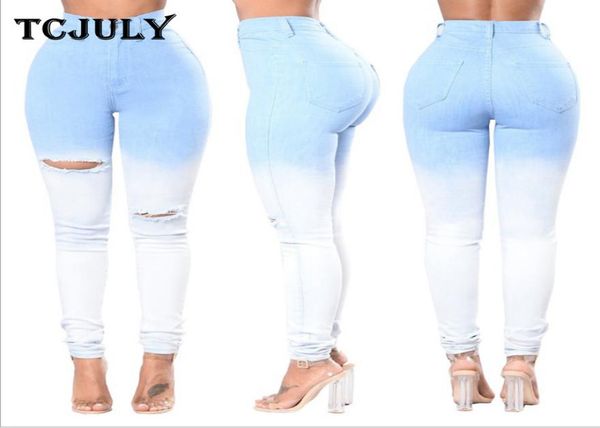 

tcjuly new blue white gradient casual jeans for women hole ripped skinny push up pencil pants high waist stretch slim jeans3083338