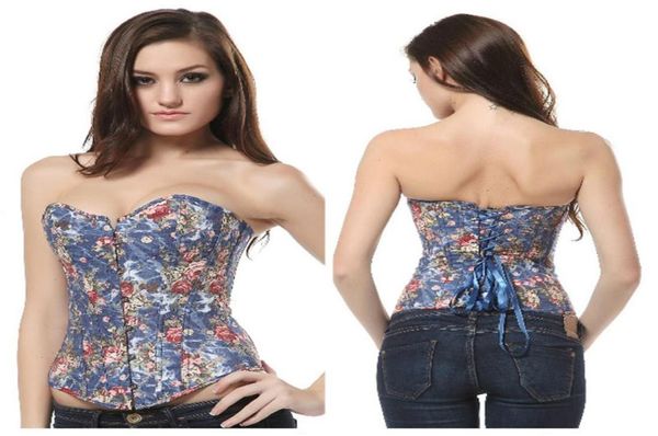 

vintage floral corset denim lace up back overbust corsets party clubwear bustier corselet plus size s  l xl xxl5674295, Black;white