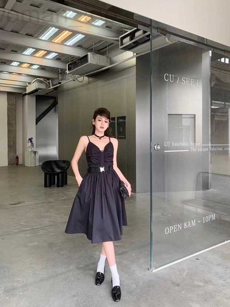 

basic & casual dresses designer p family 23 spring/summer new gentle style triangle decoration pleated belt cute age reducing sling dress hh, Black;gray