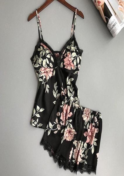 

new sleep lounge pajama set satin silk sleepwear women summer pyjama femme fashion flower babydoll pajamas for women5901866, Black;red